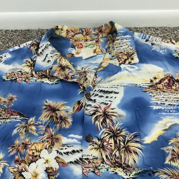 Vintage Hilo Hattie Shirt Hawaiian Camp Floral Blue Button Up Mens 2XL - Picture 1 of 9